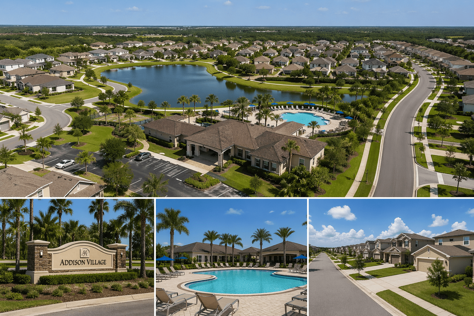 Addison Village Viera FL homes community clubhouse and neighborhood streets