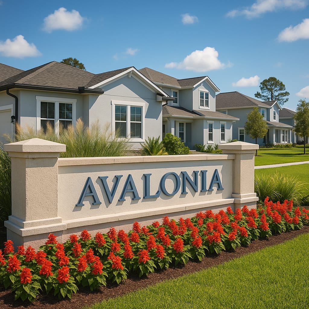 Photorealistic view of the Avalonia neighborhood entrance in Viera, Florida