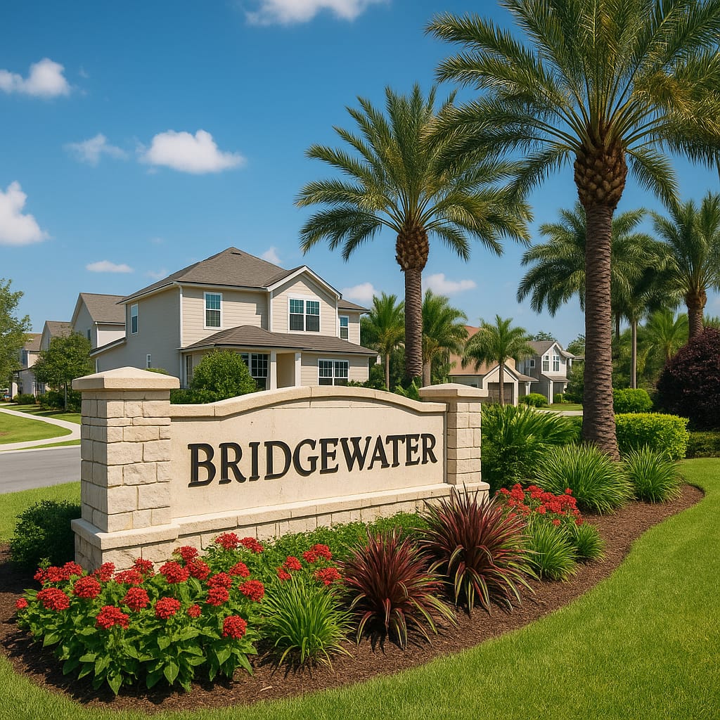 Entrance monument and landscaping at Bridgewater at Viera in Viera, Florida