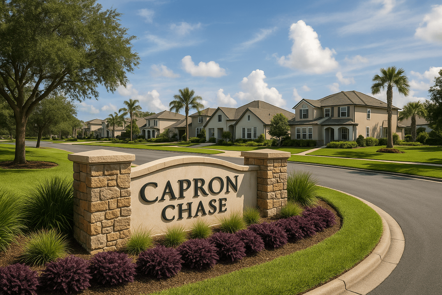 Photorealistic view of the Capron Trace neighborhood entrance in Viera, Florida