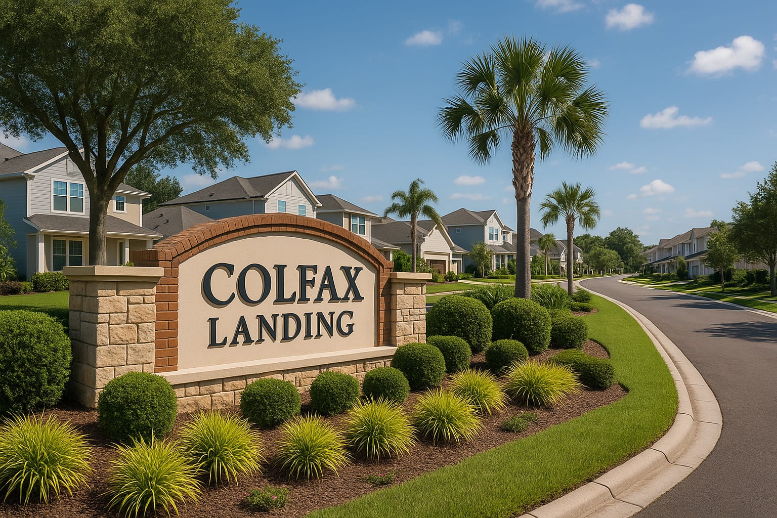 Photorealistic view of the Colfax Landing neighborhood entrance in Viera, Florida