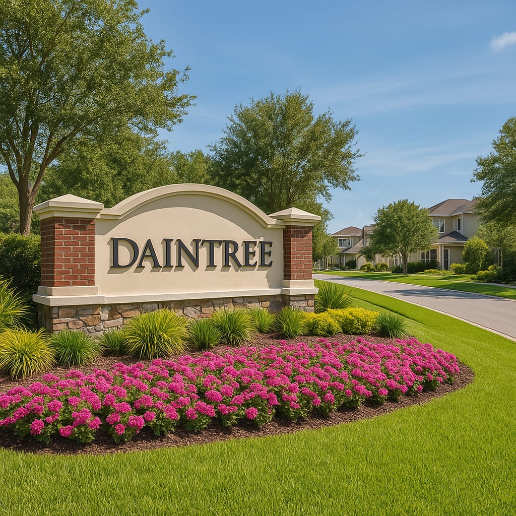 Photorealistic view of the entrance monument and landscaping in the Daintree neighborhood of Viera, Florida