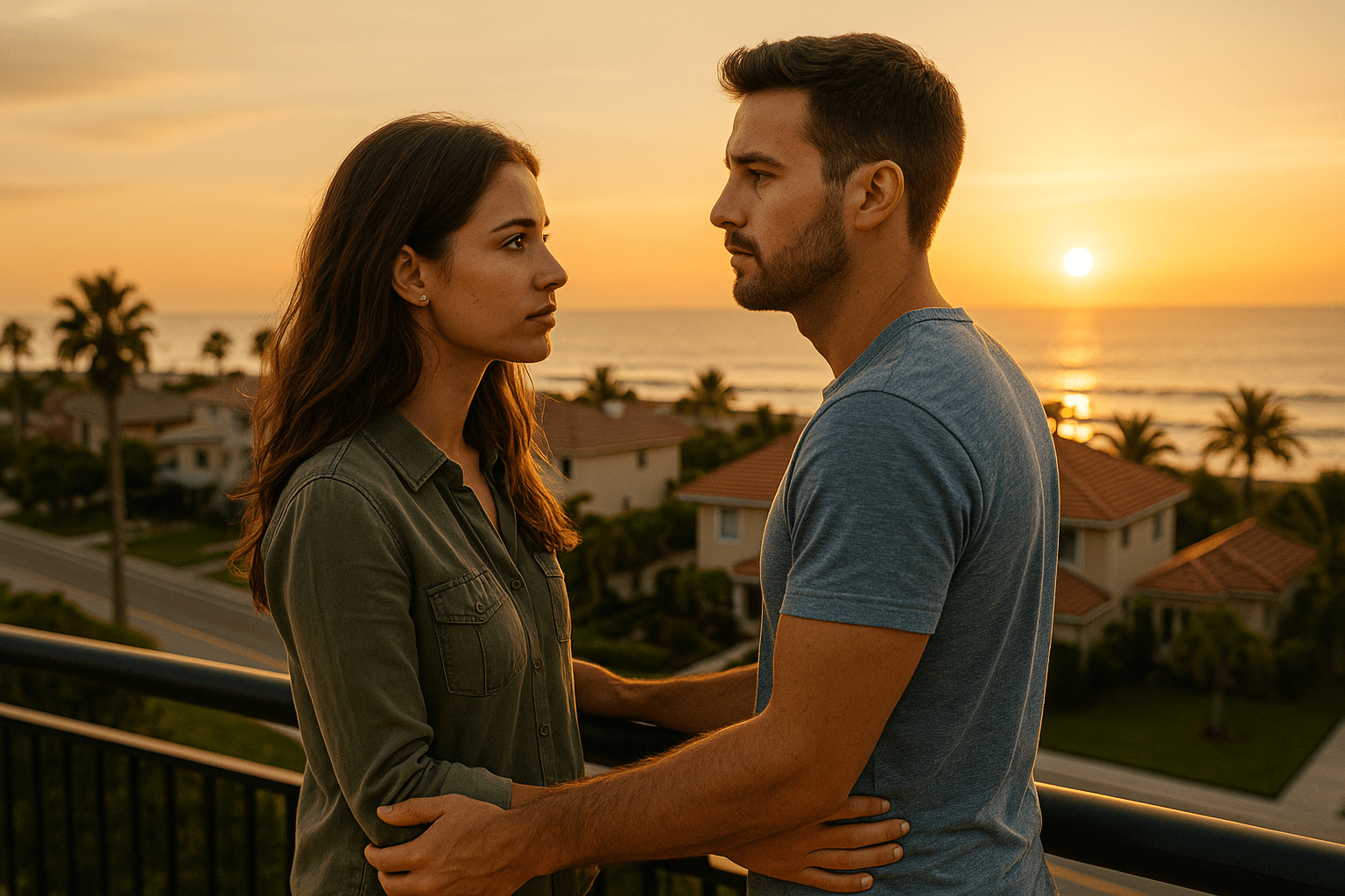A young couple looking at homes along the Florida Space Coast shoreline at sunset