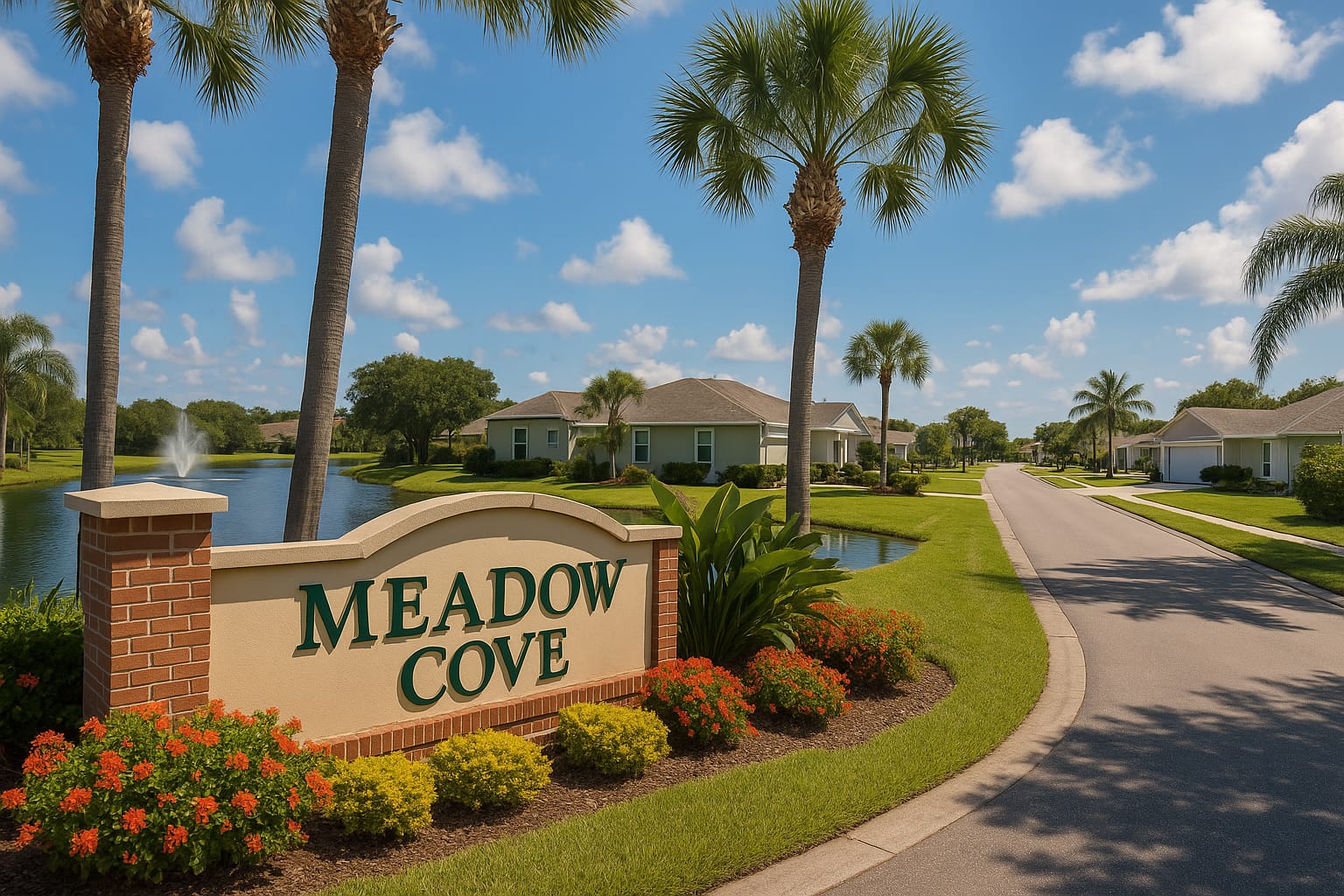 Entrance sign of Meadow Cove in Melbourne, Florida