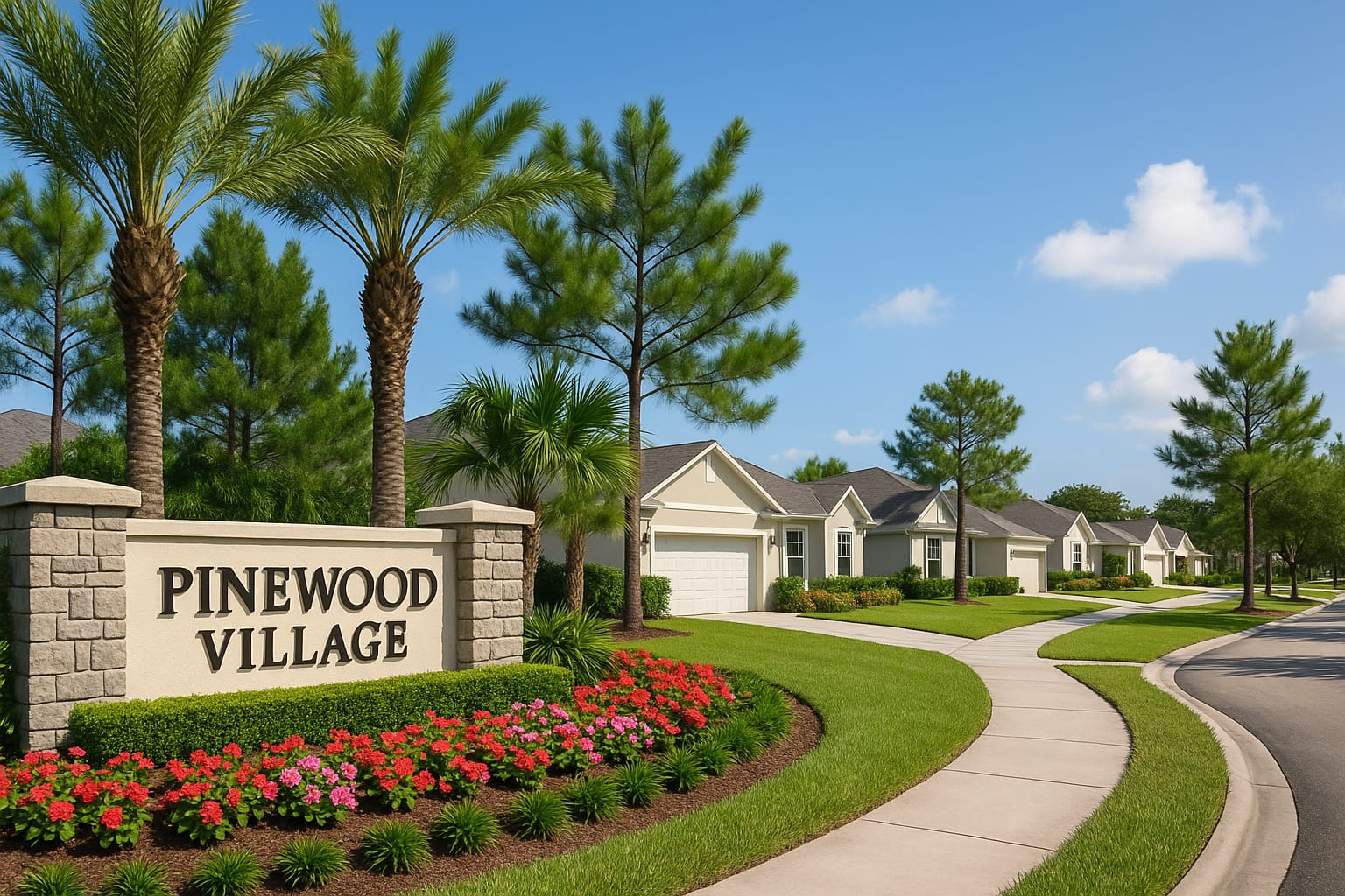 Entrance sign of Pinewood Village in Melbourne, Florida