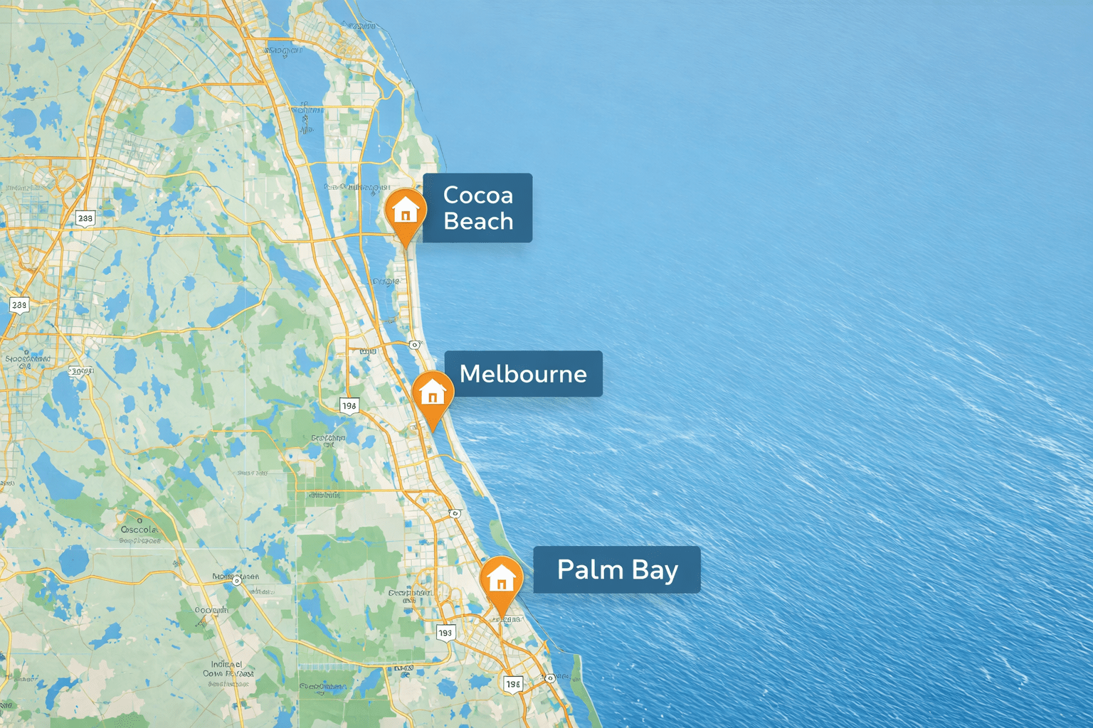 Map of Brevard County highlighting top areas for rental property investment including Palm Bay Melbourne and Cocoa Beach