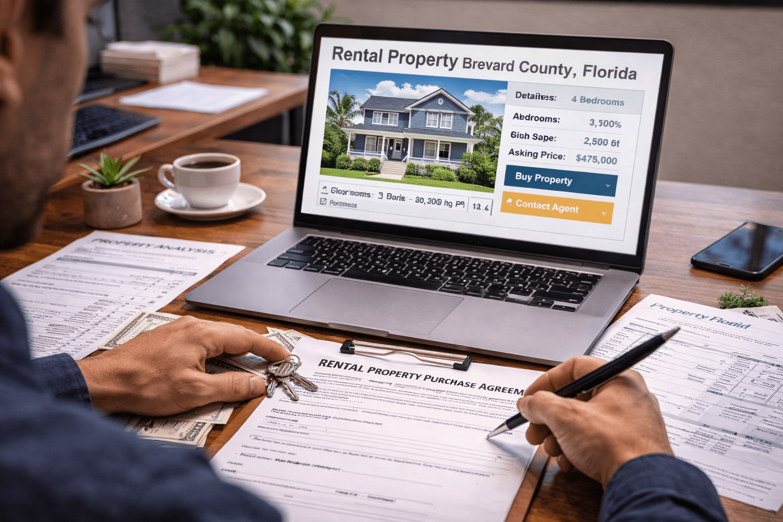 Real estate investor buying rental property in Brevard County Florida with laptop and property documents