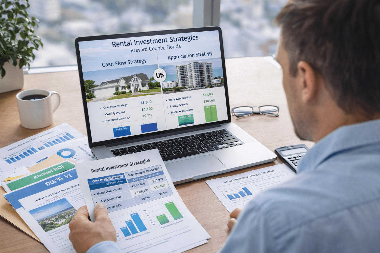 Real estate investor comparing cash flow vs appreciation strategies in Brevard County Florida with charts and property analysis