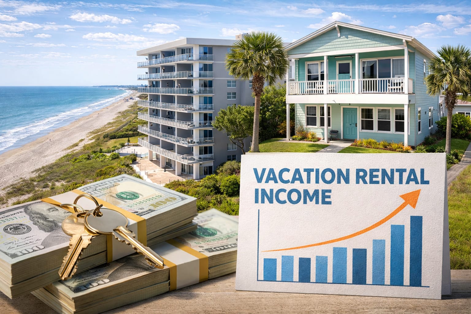 Short term rental investment in Cocoa Beach Florida with beachfront condo and vacation rental income concept