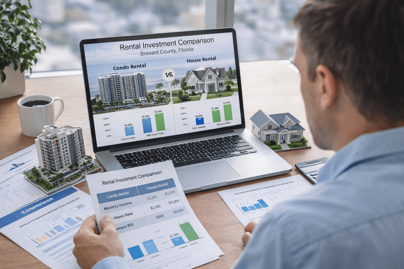 Real estate investor comparing condo vs house rental investment in Brevard County Florida with charts and property models