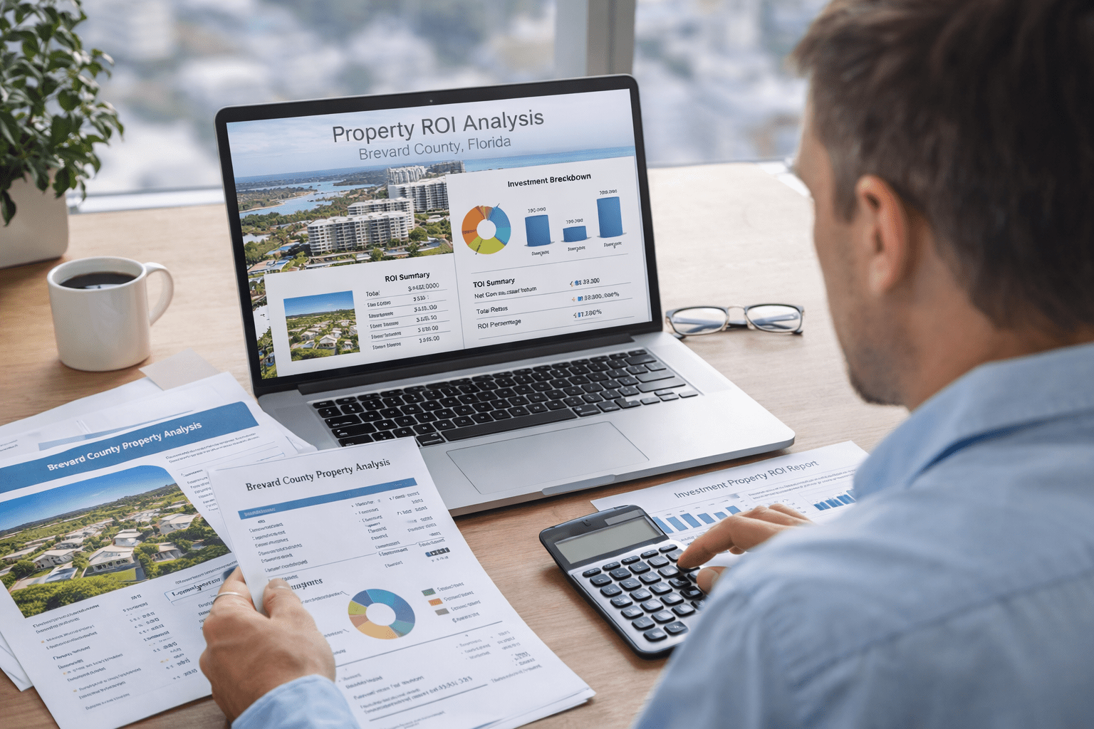 Real estate investor reviewing investment property ROI in Brevard County Florida using laptop financial charts and property analysis documents