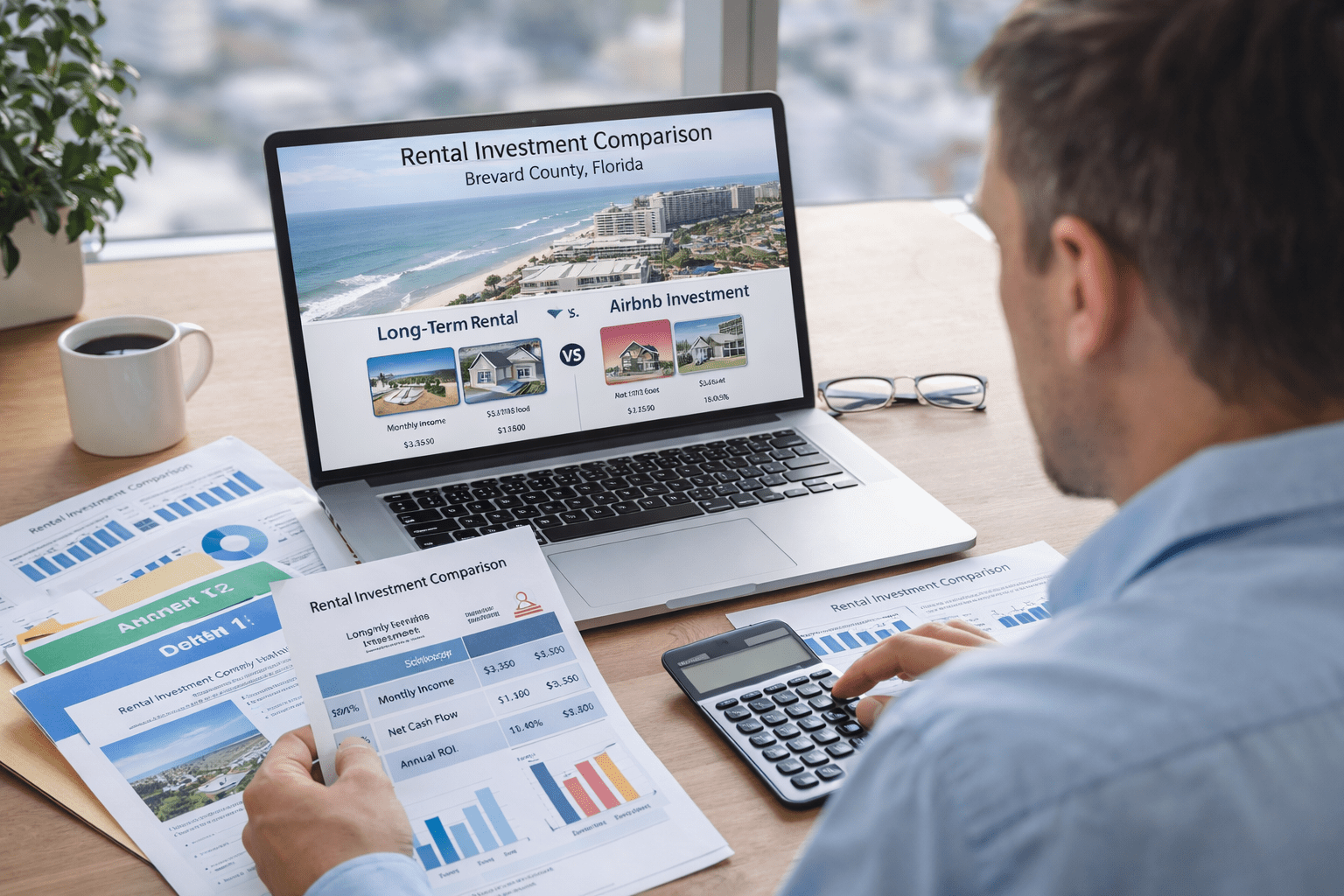 Real estate investor comparing long term rental vs Airbnb investment in Brevard County Florida with laptop charts and coastal property