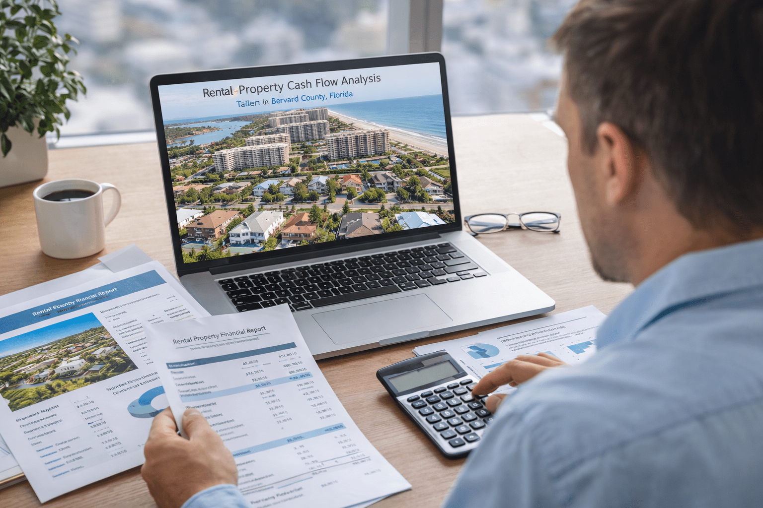 Real estate investor analyzing rental property cash flow in Brevard County Florida using laptop and financial documents
