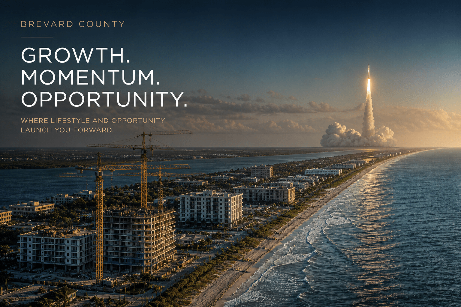 Brevard County growth with rocket launch, cranes, and new construction along the Space Coast