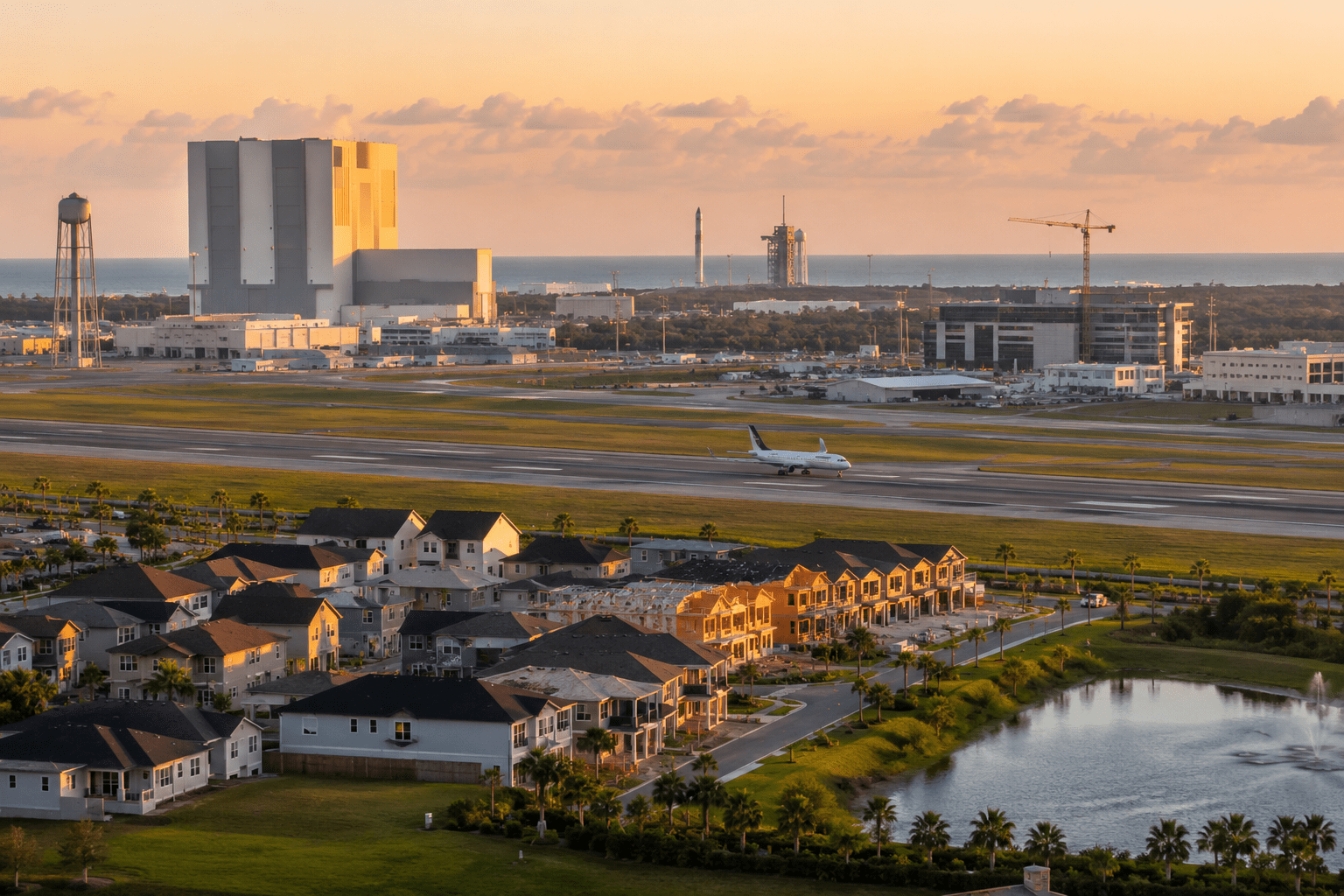 Melbourne Florida major employer expansion with aerospace facilities, airport runway, and new housing near the Space Coast