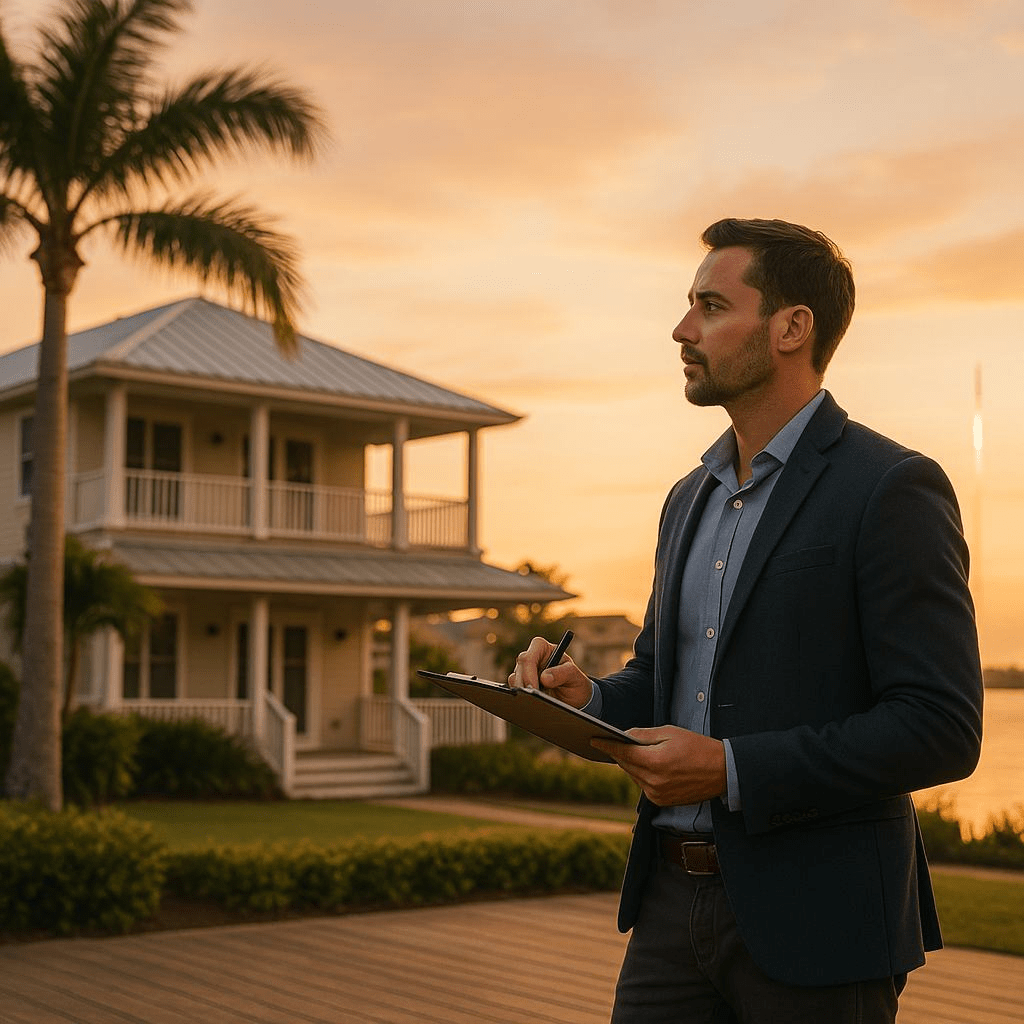 Real estate investor evaluating Florida property at sunset