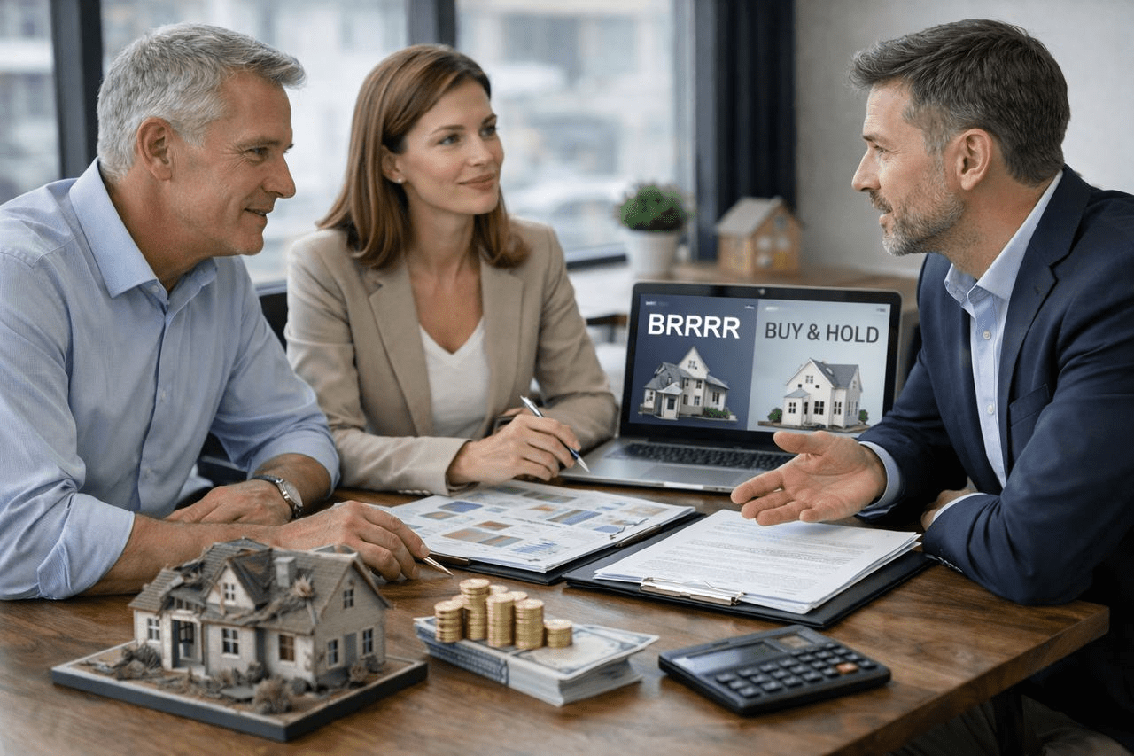 Real estate investors evaluating BRRRR and buy and hold strategies