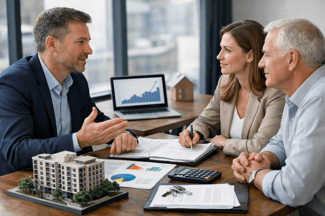 Investment property financing strategy discussion with real estate professionals