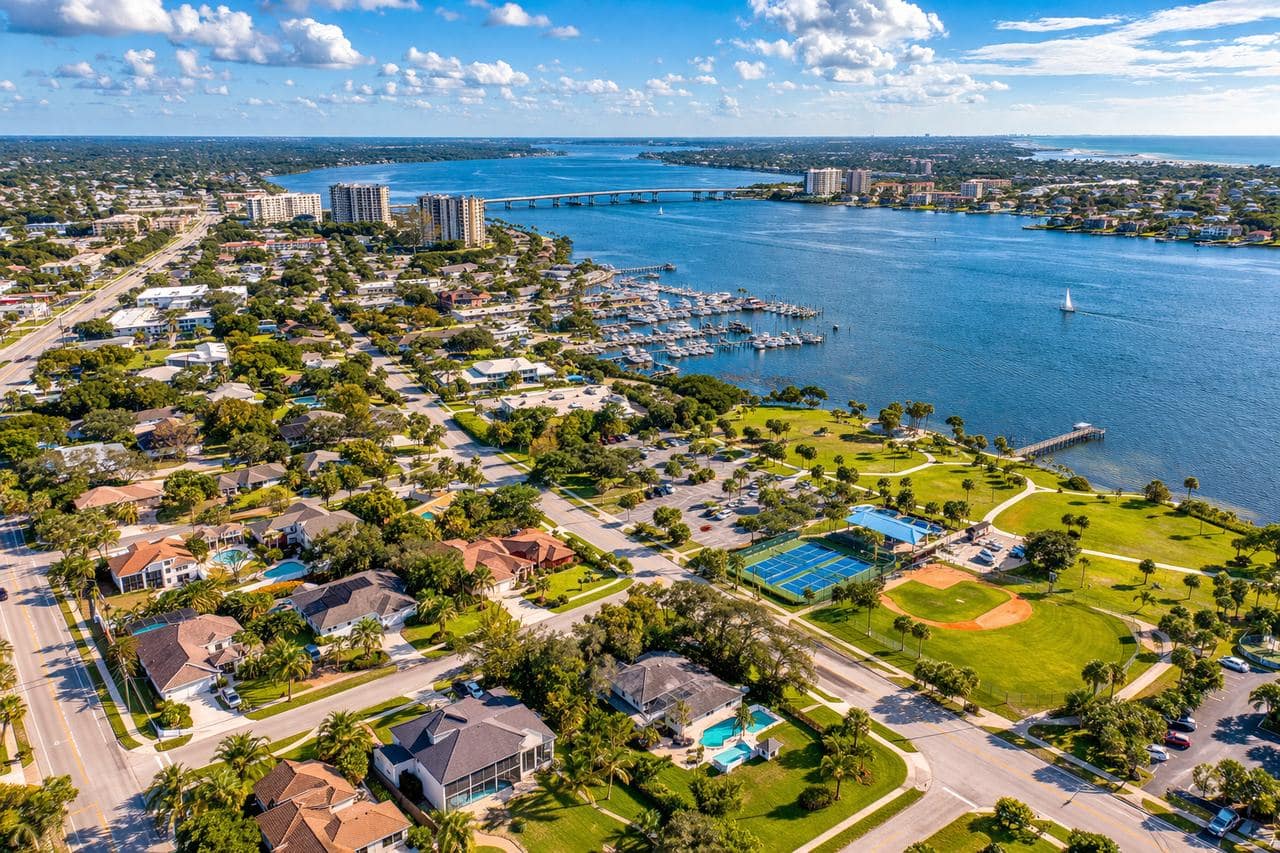 Indian River Lagoon near Rockledge Florida with riverfront views and mature trees