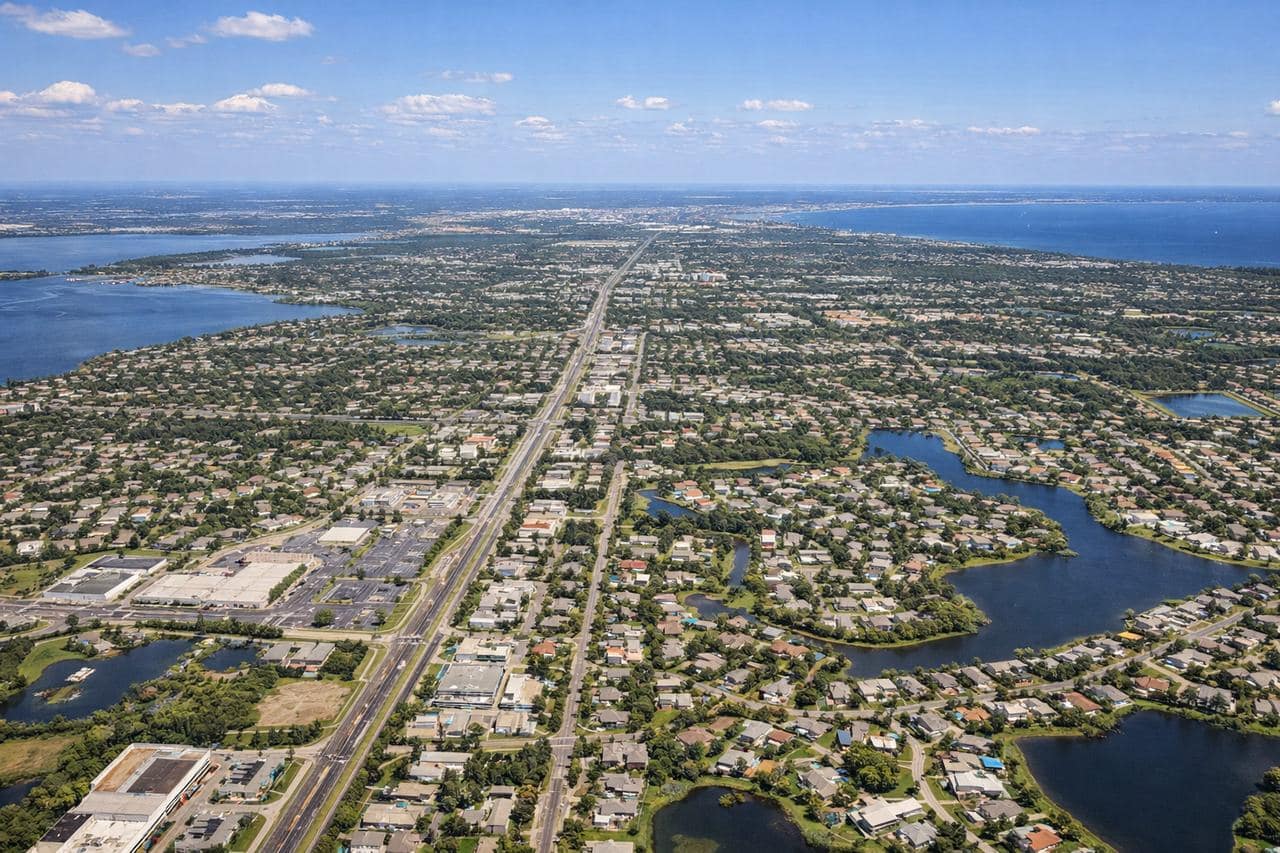 West Melbourne and Melbourne Florida communities with neighborhoods and city corridor views along the Space Coast
