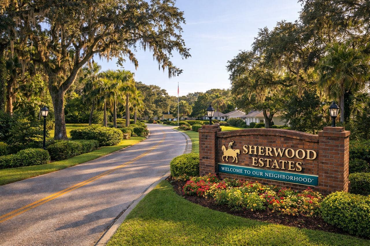 Entrance sign of Sherwood Estates in Titusville, Florida