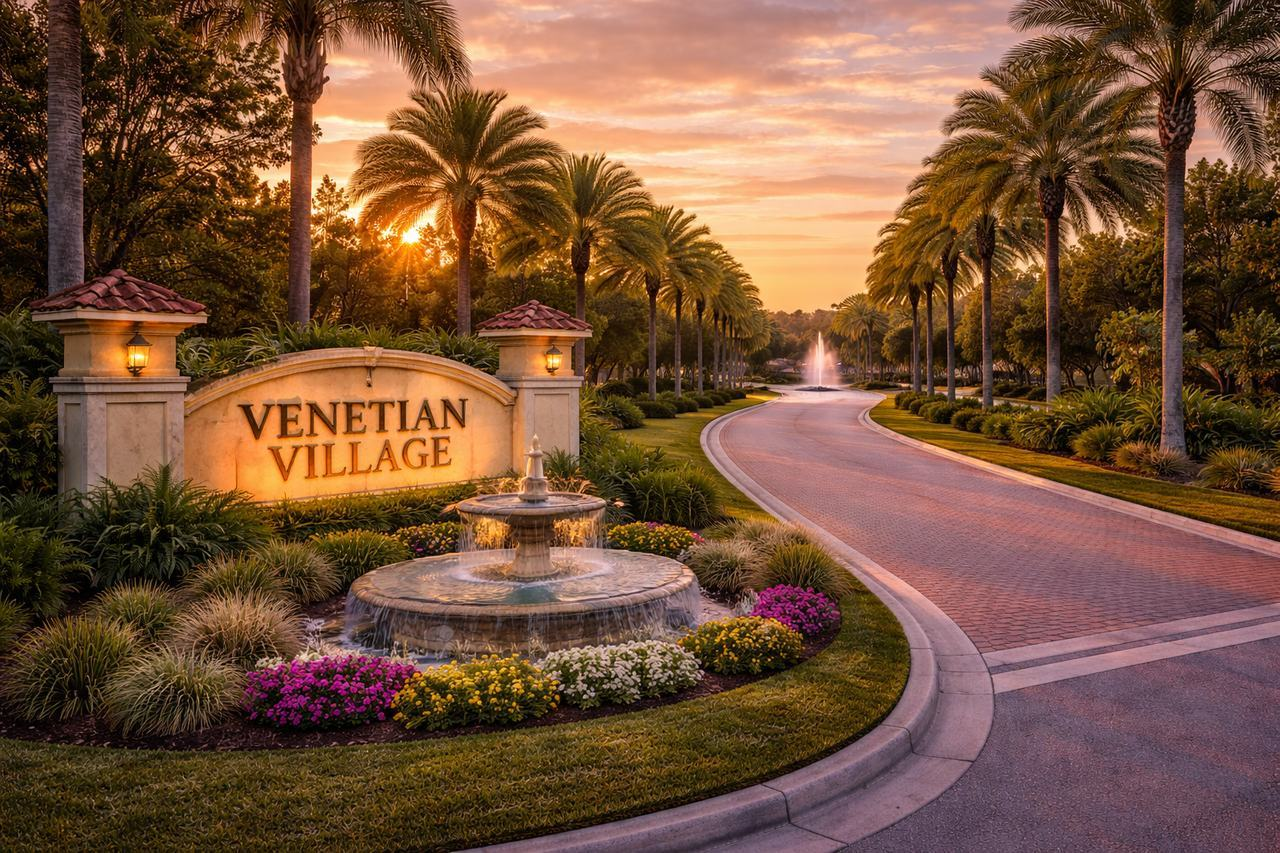 Entrance sign of Venetian Village in West Melbourne, Florida