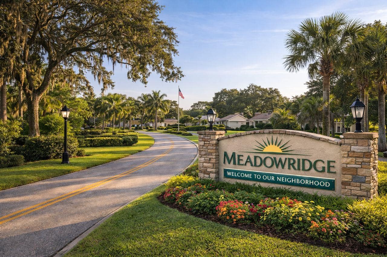 Entrance sign of Meadowridge in Titusville, Florida