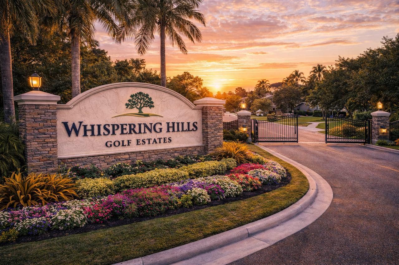 Entrance sign of Whispering Hills Golf Estates in Titusville, Florida
