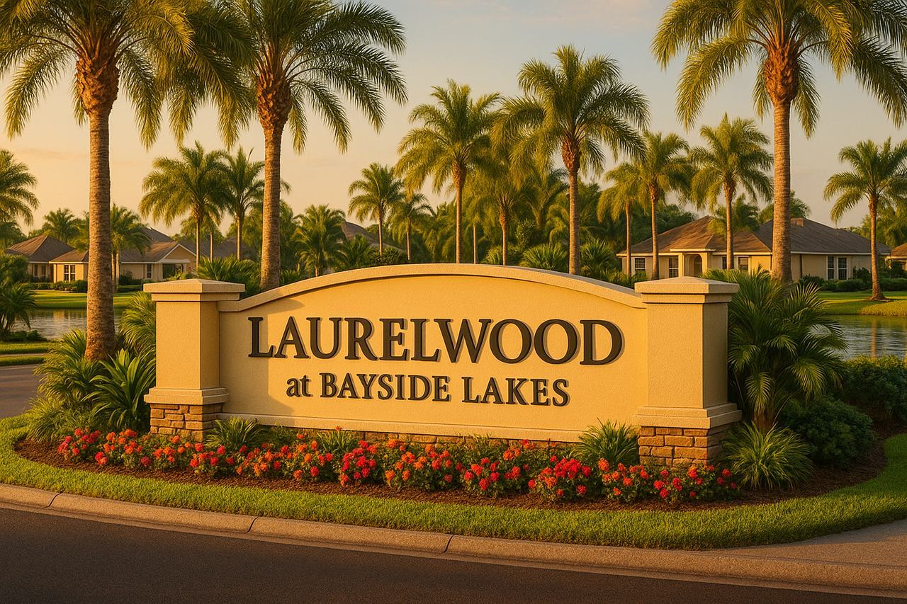 Laurelwood at Bayside Lakes neighborhood entrance in Palm Bay, Florida