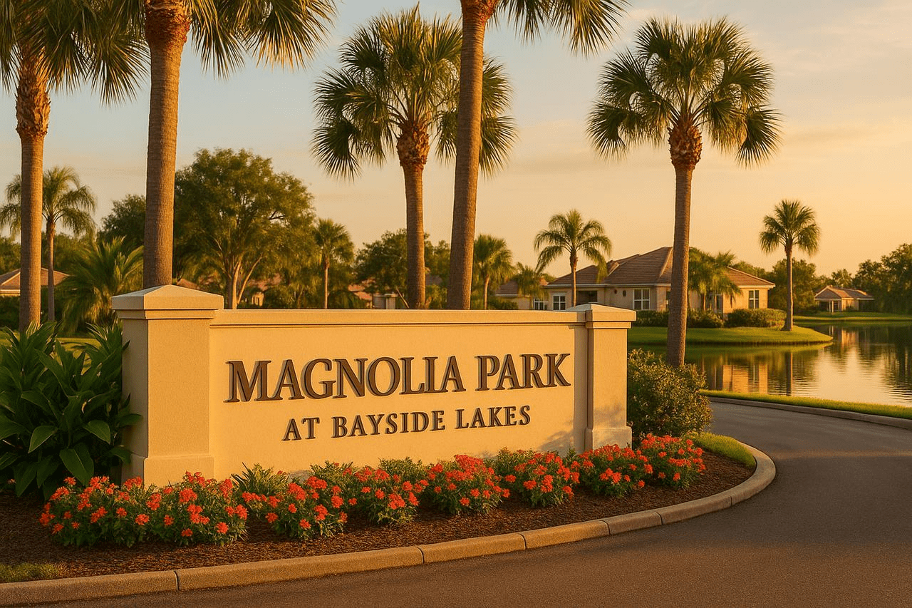 Magnolia Park at Bayside Lakes neighborhood entrance in Palm Bay, Florida