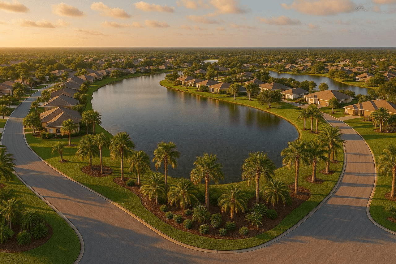 Entrance sign and landscaped gateway to the Bayside Lakes Master Community in Palm Bay, Florida