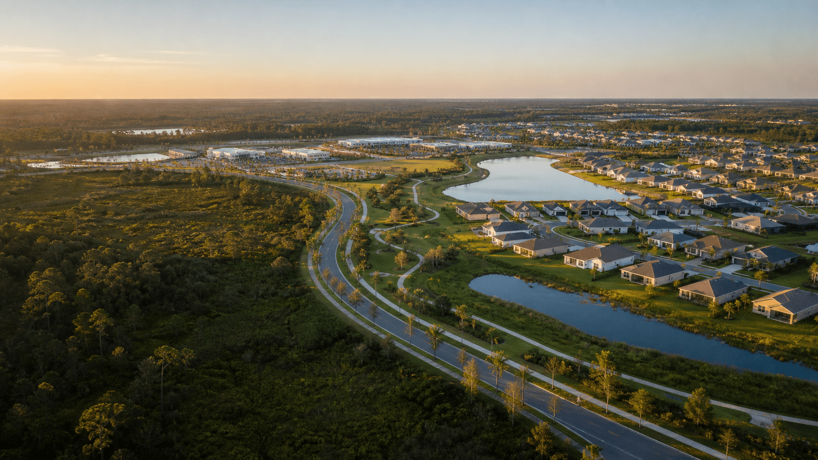 Illustrative aerial view of a master-planned community in western Palm Bay Florida at golden hour