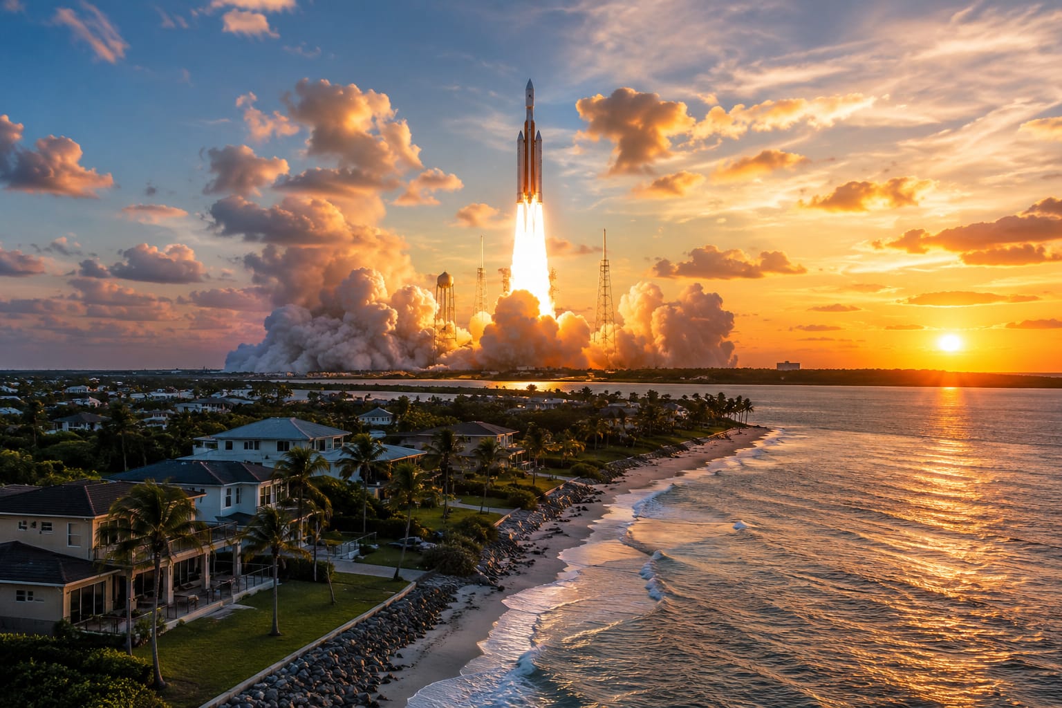 Artemis II launch overlooking Brevard County waterfront homes